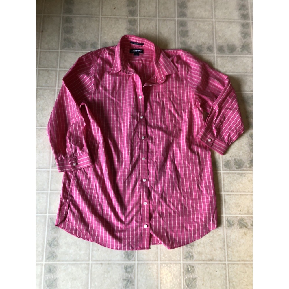 Lands' End Sz 10 Pink Window Pane Check No Iron Cotton‎ Button Down 3/4 Slv Top